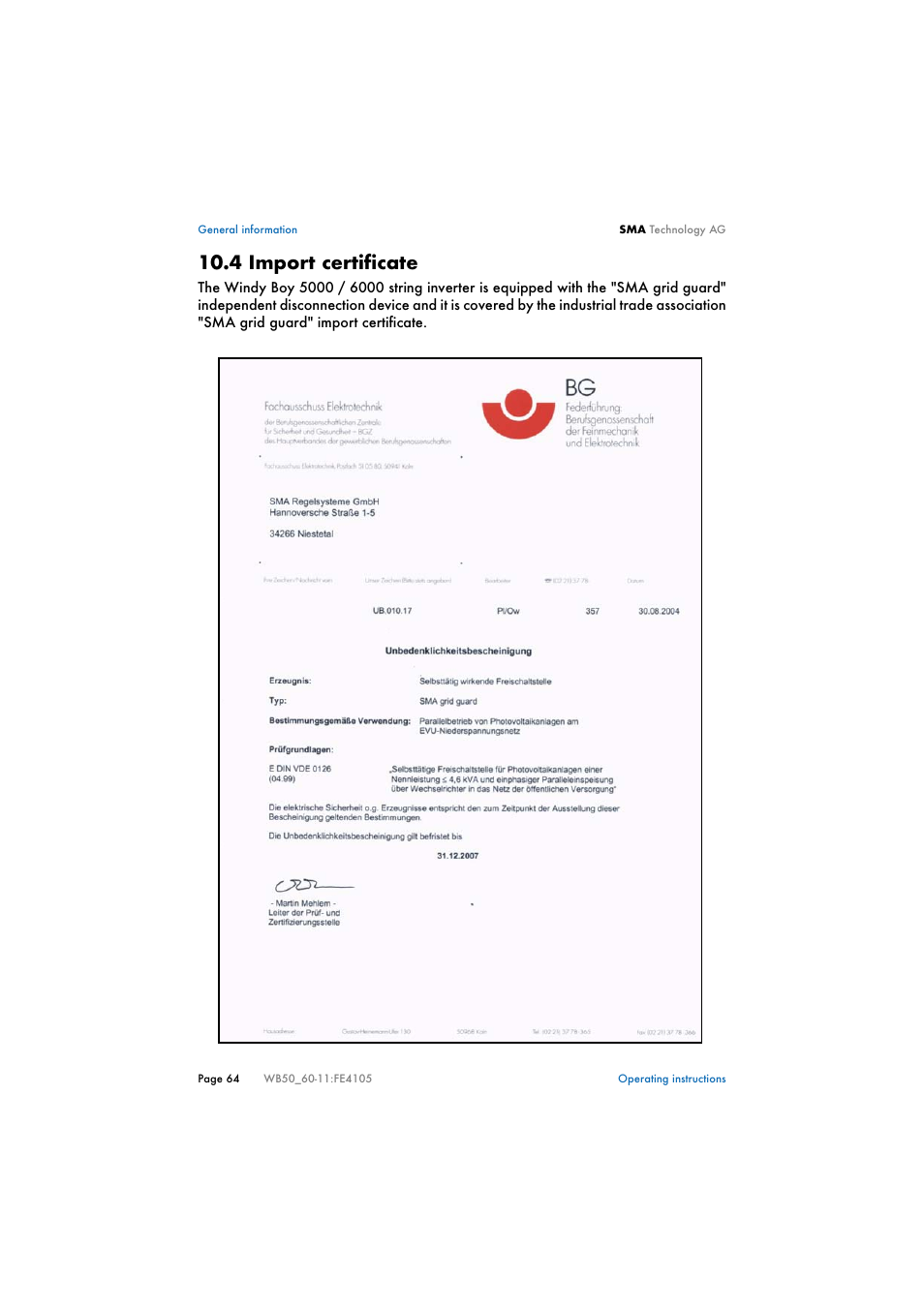 4 import certificate, Import certificate | SMA WB 5000 User Manual | Page 64 / 70