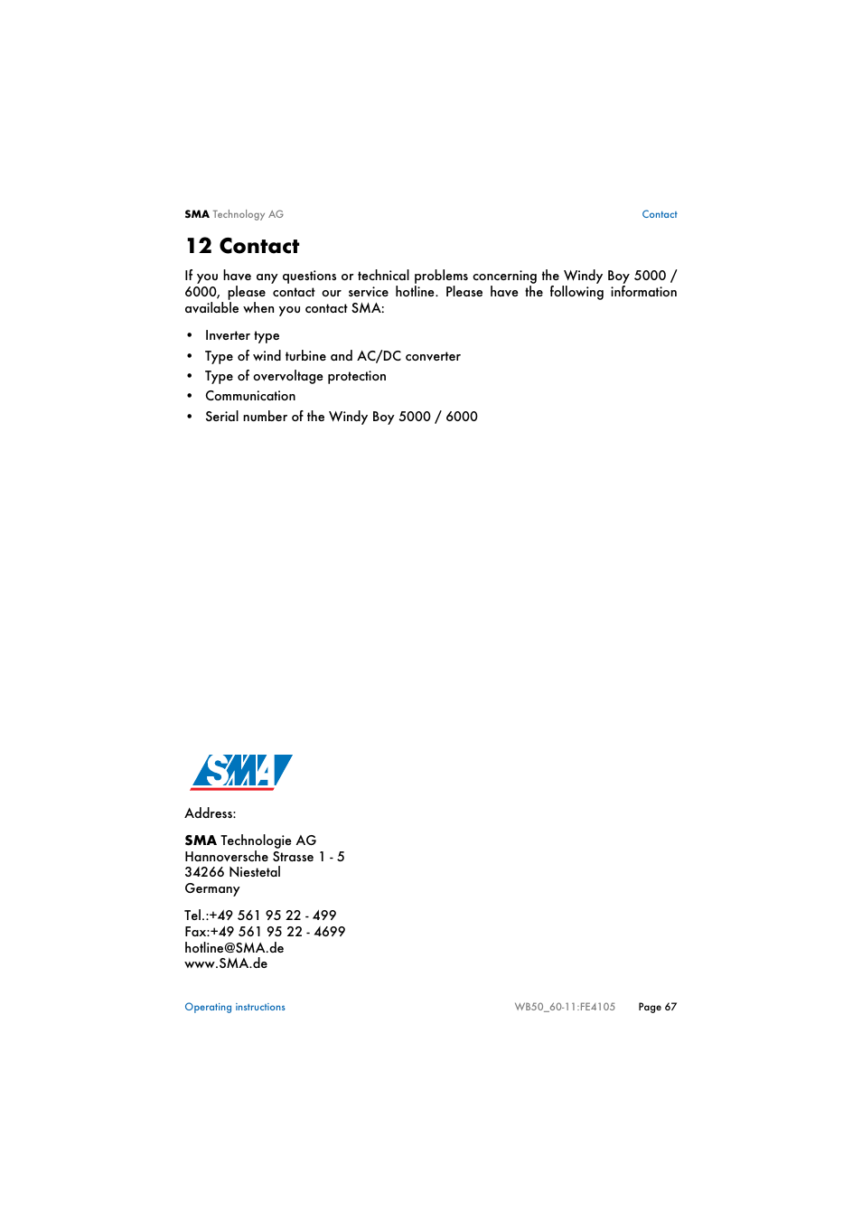 12 contact, Contact | SMA WB 5000 User Manual | Page 67 / 70