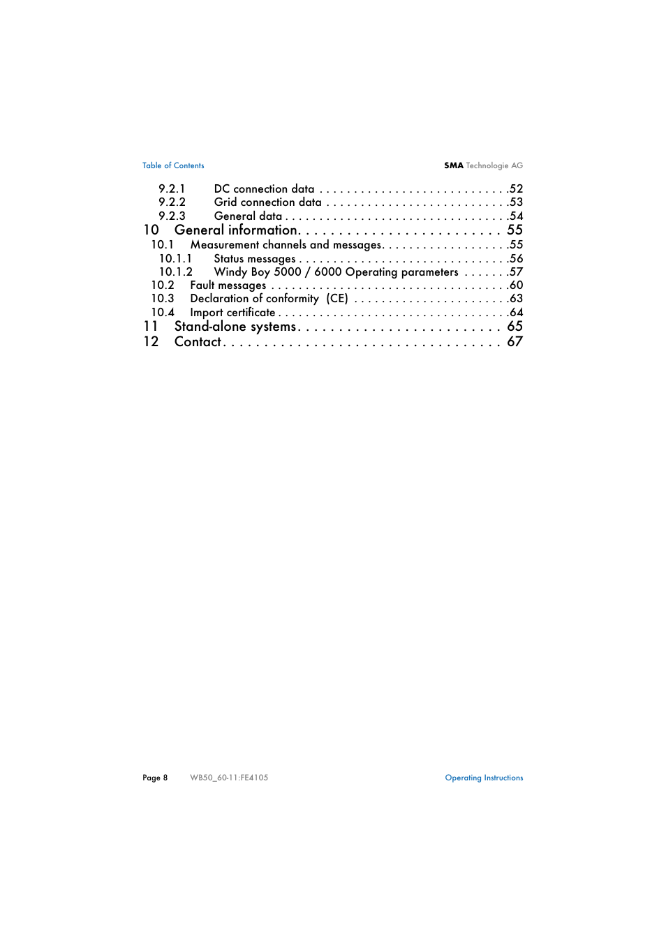 10 general information, 11 stand-alone systems 12 contact | SMA WB 5000 User Manual | Page 8 / 70