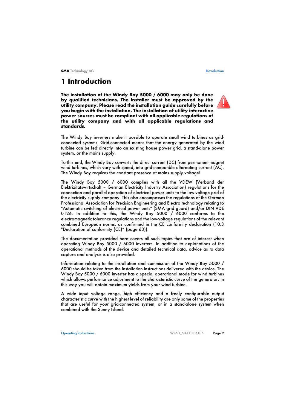 1 introduction, Introduction | SMA WB 5000 User Manual | Page 9 / 70