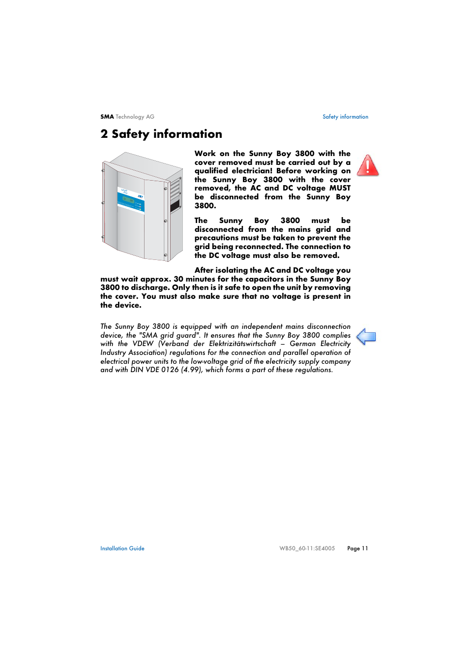 2 safety information, Safety information | SMA WB 5000 Installation User Manual | Page 11 / 54