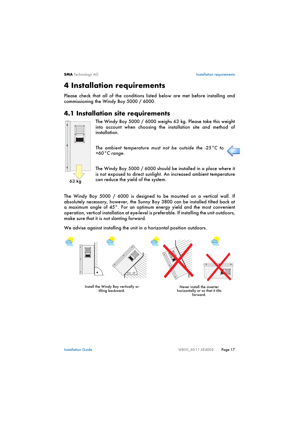 4 installation requirements, 1 installation site requirements, Installation requirements | Installation site requirements | SMA WB 5000 Installation User Manual | Page 17 / 54