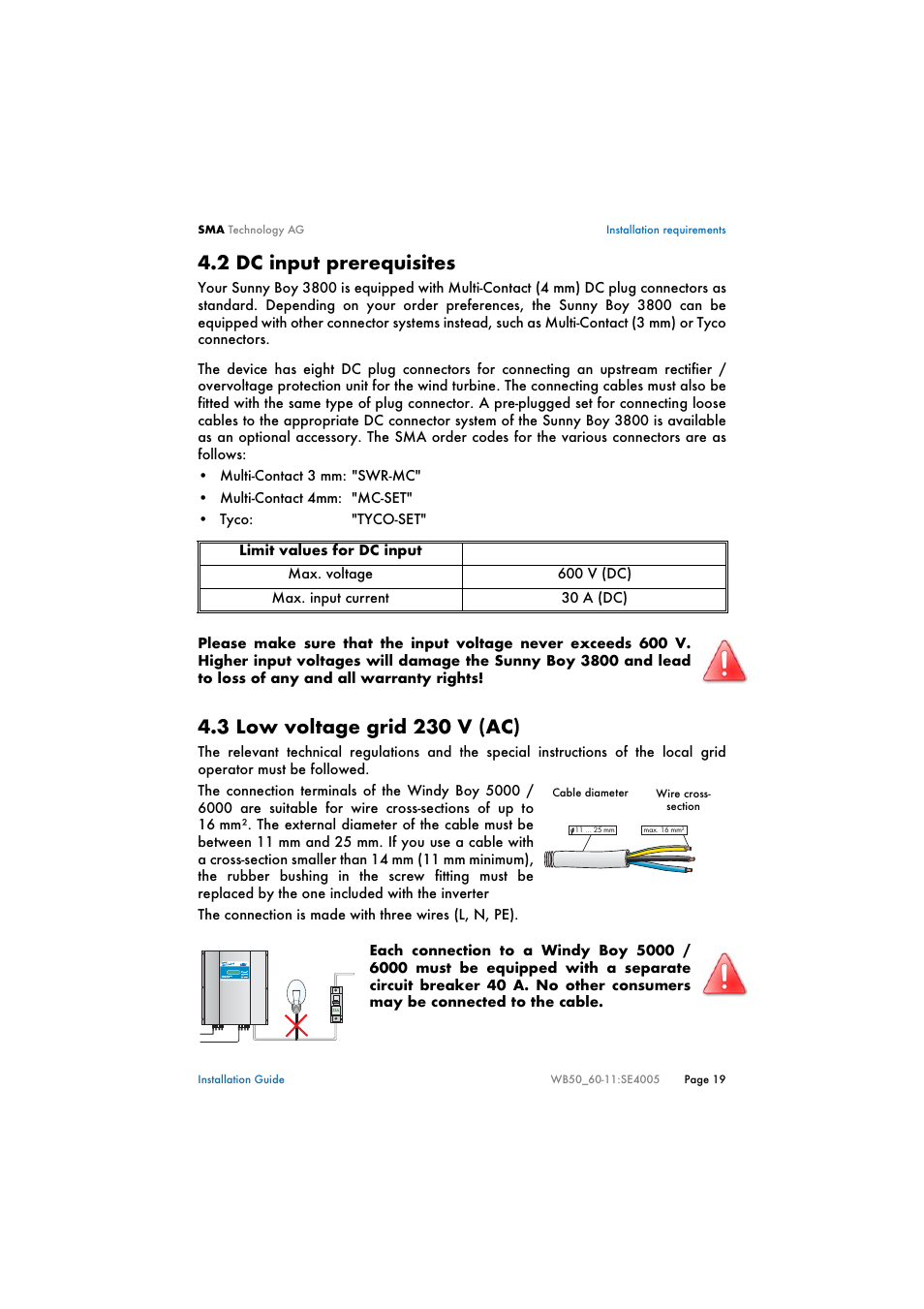 2 dc input prerequisites, 3 low voltage grid 230 v (ac), Dc input prerequisites | Low voltage grid 230 v (ac) | SMA WB 5000 Installation User Manual | Page 19 / 54