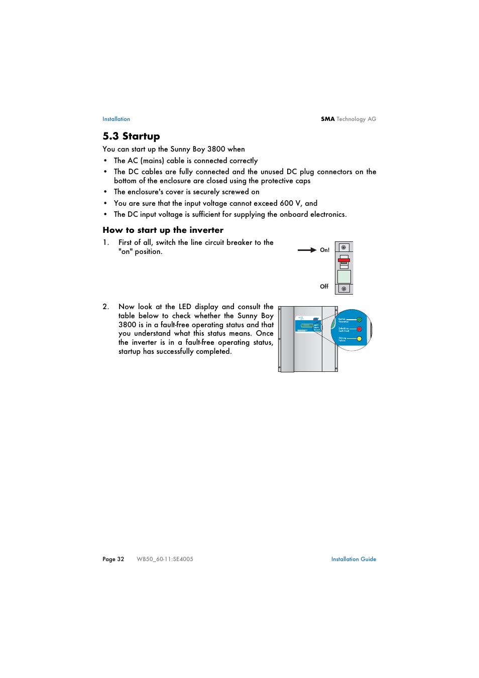 3 startup, Startup, How to start up the inverter | SMA WB 5000 Installation User Manual | Page 32 / 54