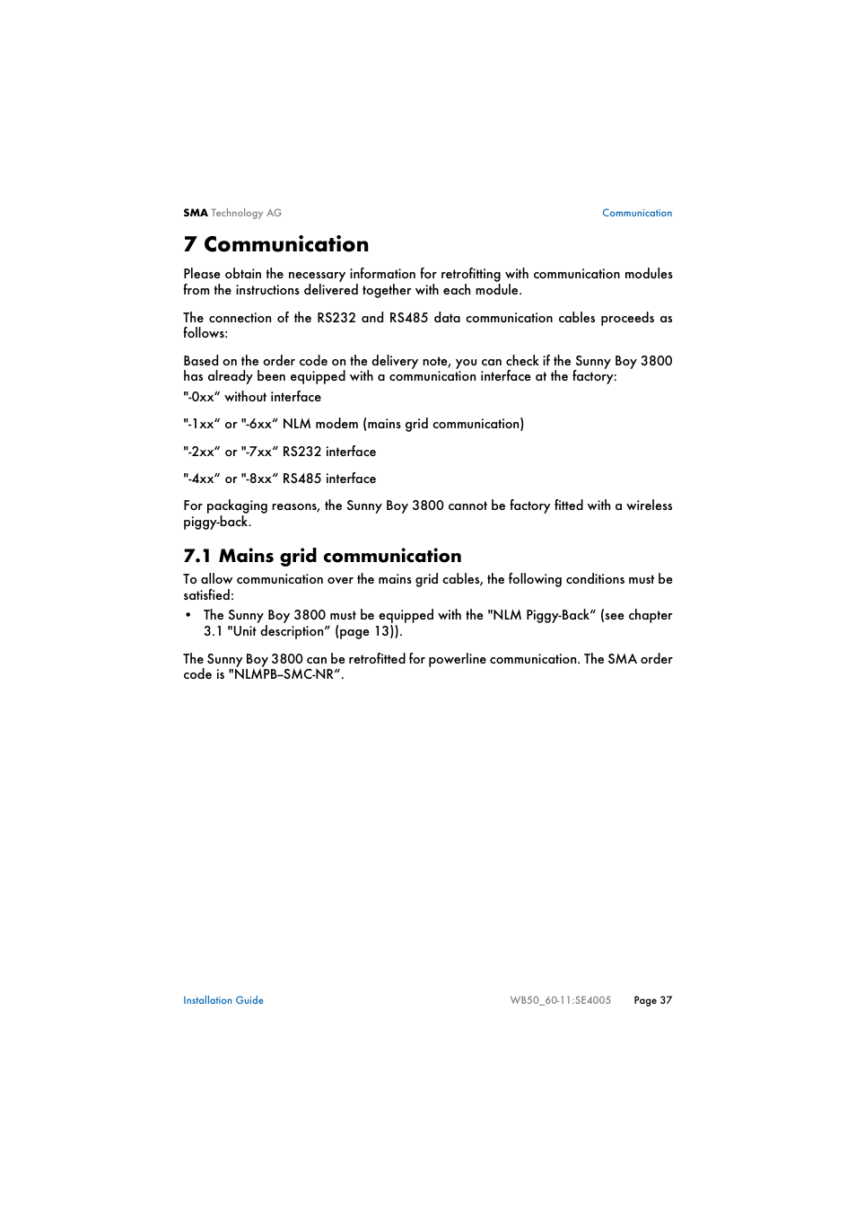 7 communication, 1 mains grid communication, Communication | Mains grid communication | SMA WB 5000 Installation User Manual | Page 37 / 54