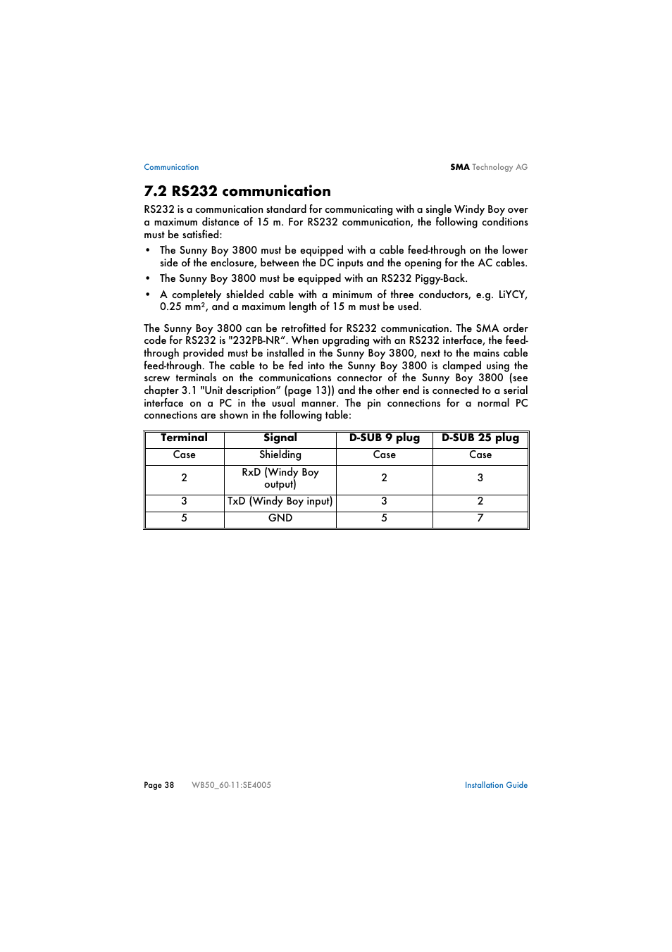 2 rs232 communication, Rs232 communication | SMA WB 5000 Installation User Manual | Page 38 / 54