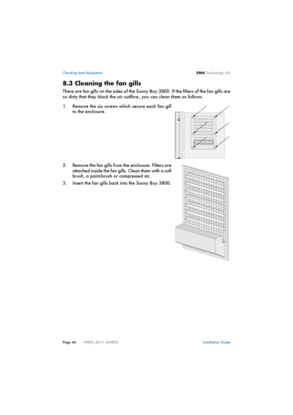 3 cleaning the fan gills, Cleaning the fan gills | SMA WB 5000 Installation User Manual | Page 46 / 54