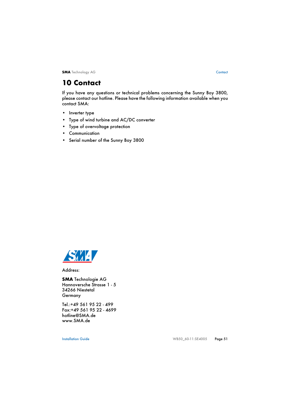 10 contact, Contact | SMA WB 5000 Installation User Manual | Page 51 / 54