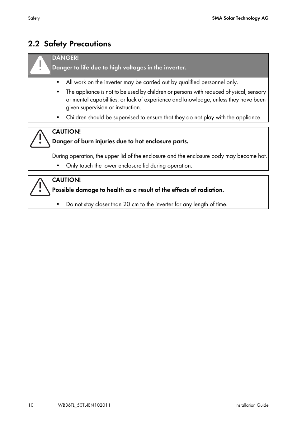 2 safety precautions, Safety precautions | SMA WB 3600TL User Manual | Page 10 / 96