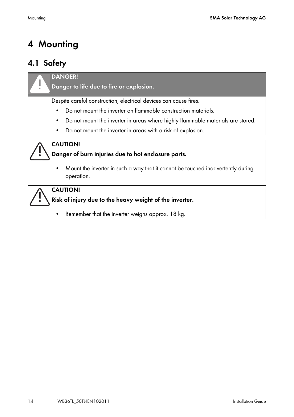 4 mounting, 1 safety, Mounting | Safety | SMA WB 3600TL User Manual | Page 14 / 96