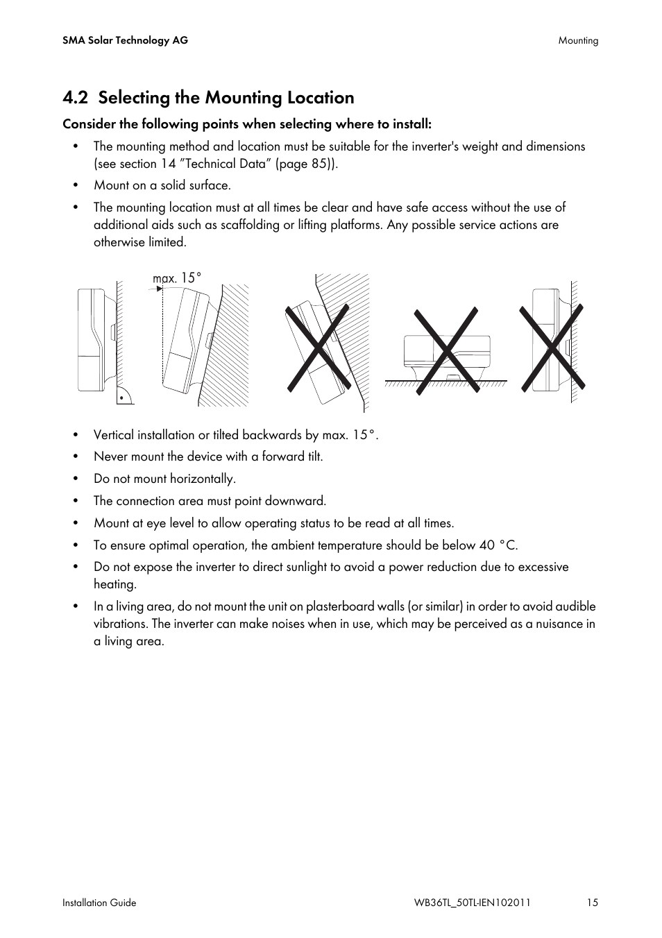 2 selecting the mounting location, Selecting the mounting location | SMA WB 3600TL User Manual | Page 15 / 96