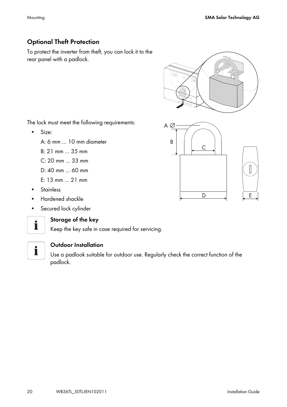 Optional theft protection | SMA WB 3600TL User Manual | Page 20 / 96