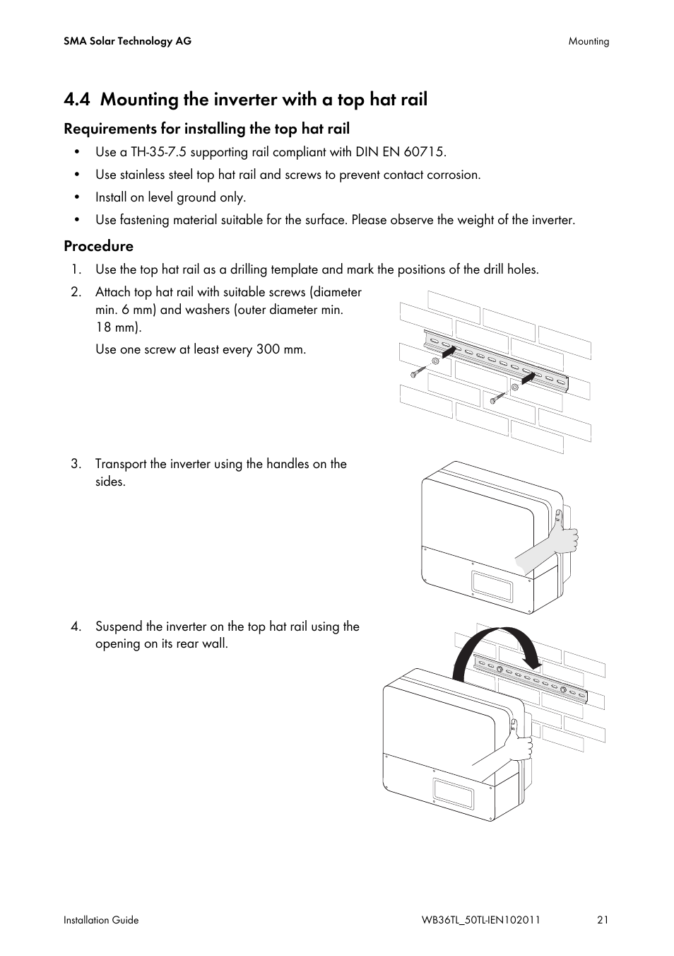 4 mounting the inverter with a top hat rail, Mounting the inverter with a top hat rail | SMA WB 3600TL User Manual | Page 21 / 96