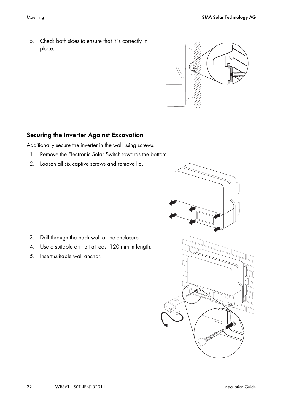 Securing the inverter against excavation | SMA WB 3600TL User Manual | Page 22 / 96