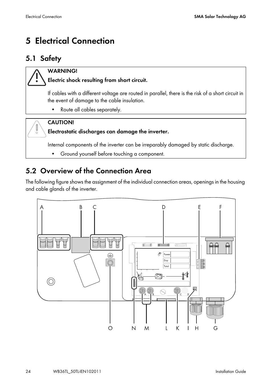 5 electrical connection, 1 safety, 2 overview of the connection area | Electrical connection, Safety, Overview of the connection area, 1 safety 5.2 overview of the connection area | SMA WB 3600TL User Manual | Page 24 / 96
