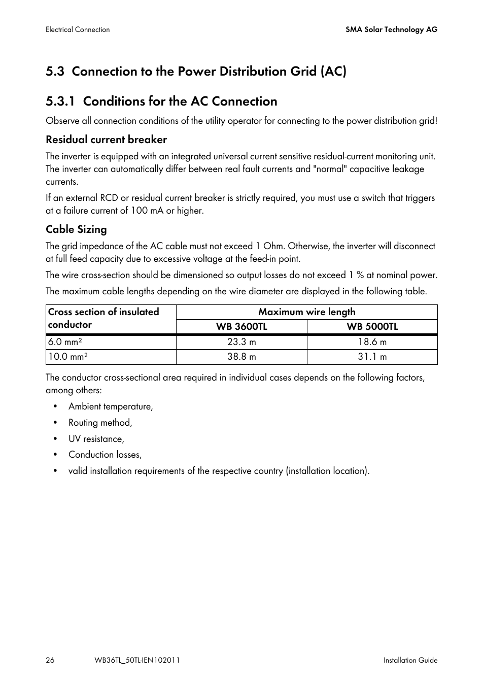 3 connection to the power distribution grid (ac), 1 conditions for the ac connection, Connection to the power distribution grid (ac) | Conditions for the ac connection | SMA WB 3600TL User Manual | Page 26 / 96