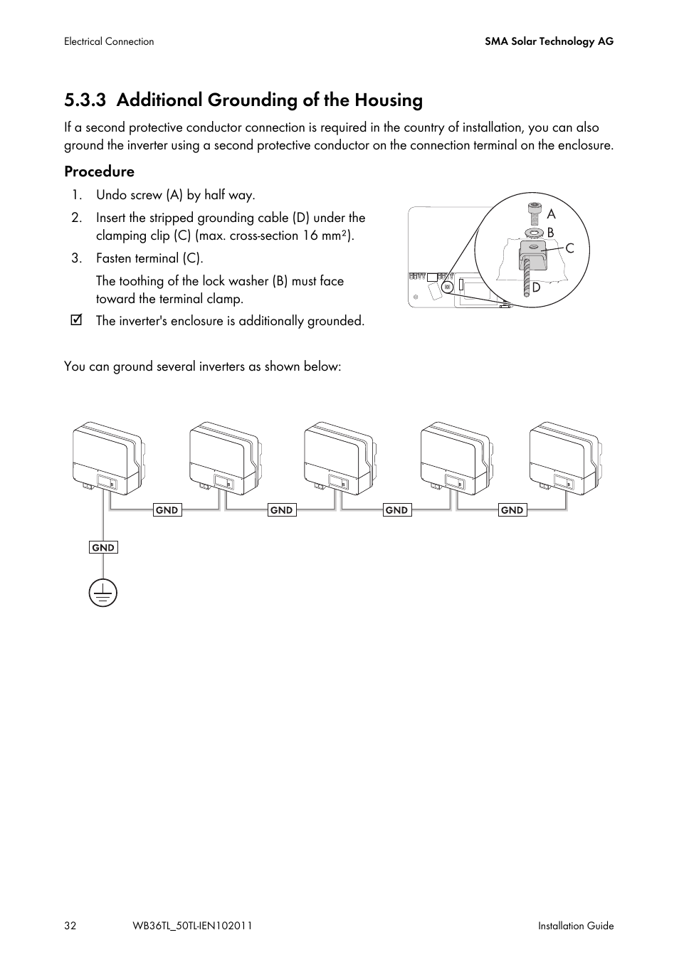 3 additional grounding of the housing, Additional grounding of the housing | SMA WB 3600TL User Manual | Page 32 / 96