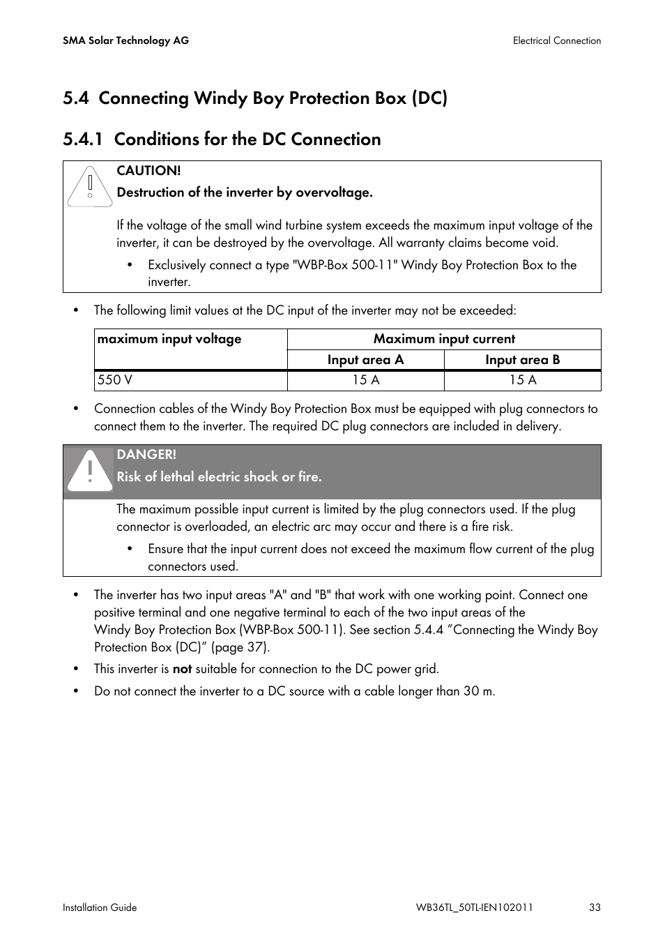 4 connecting windy boy protection box (dc), 1 conditions for the dc connection, Connecting windy boy protection box (dc) | Conditions for the dc connection | SMA WB 3600TL User Manual | Page 33 / 96