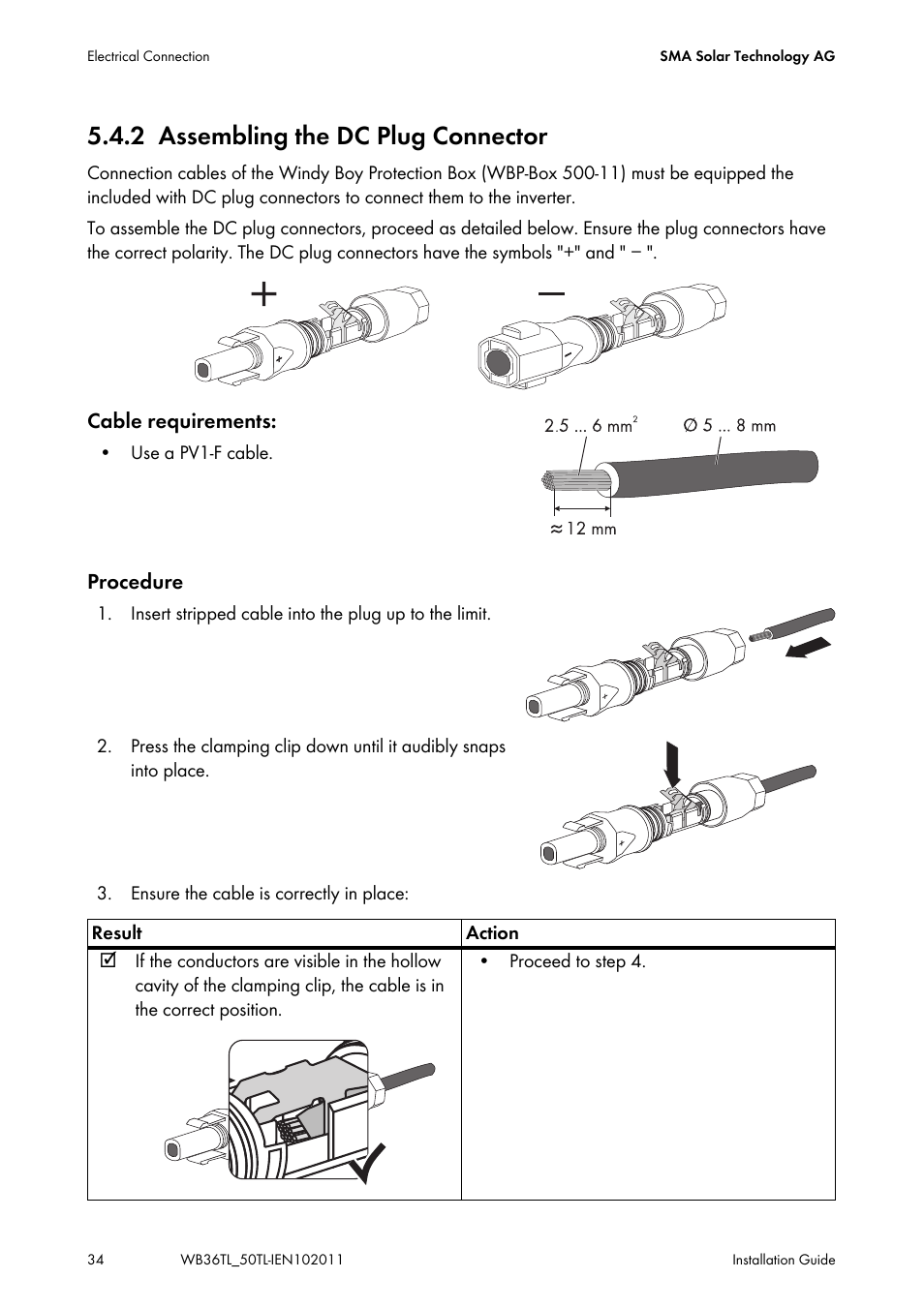 2 assembling the dc plug connector, Assembling the dc plug connector | SMA WB 3600TL User Manual | Page 34 / 96