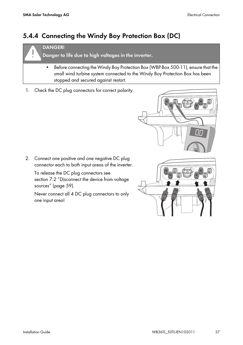 4 connecting the windy boy protection box (dc), Connecting the windy boy protection box (dc) | SMA WB 3600TL User Manual | Page 37 / 96