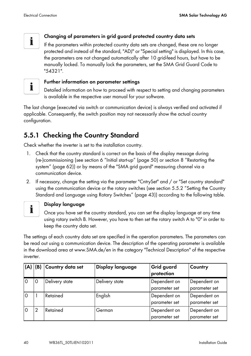 1 checking the country standard, Checking the country standard | SMA WB 3600TL User Manual | Page 40 / 96