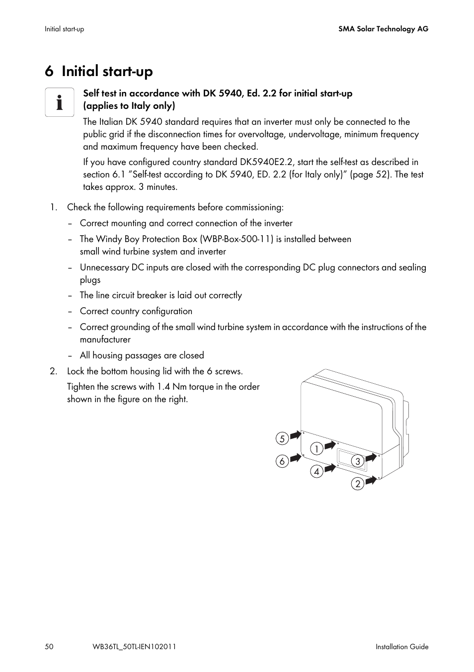 6 initial start-up, Initial start-up | SMA WB 3600TL User Manual | Page 50 / 96