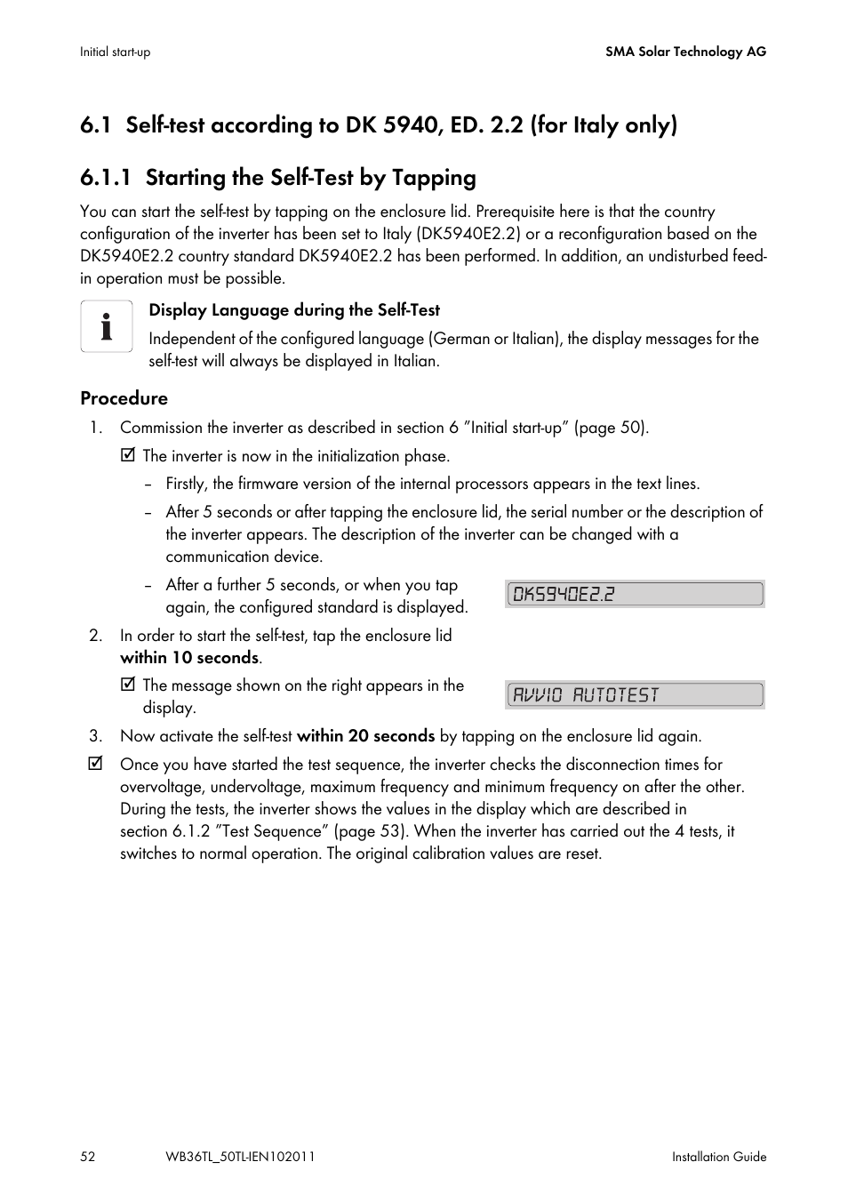 1 starting the self-test by tapping, Starting the self-test by tapping | SMA WB 3600TL User Manual | Page 52 / 96