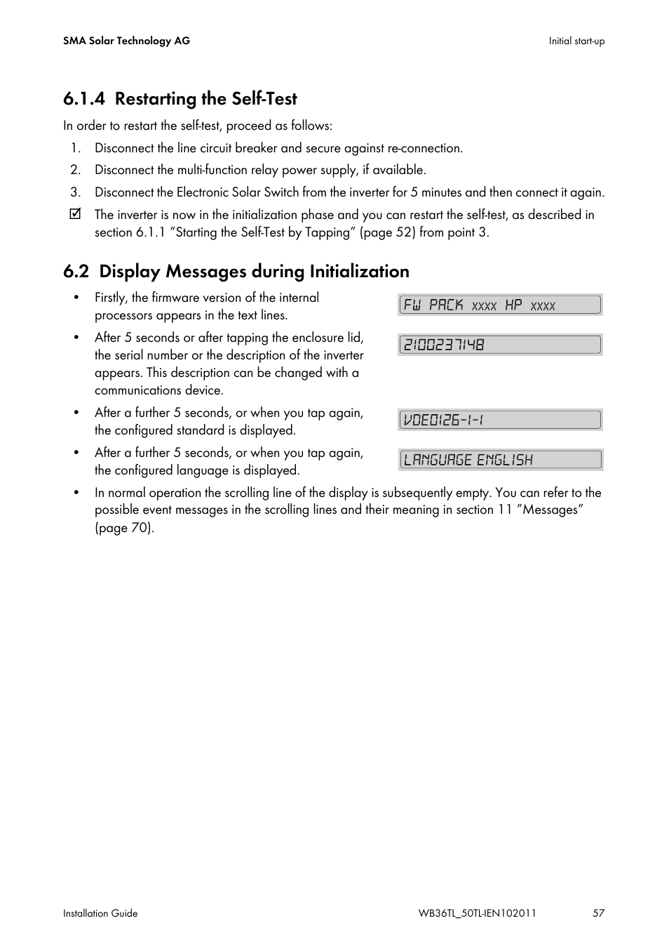 4 restarting the self-test, 2 display messages during initialization, Restarting the self-test | Display messages during initialization | SMA WB 3600TL User Manual | Page 57 / 96