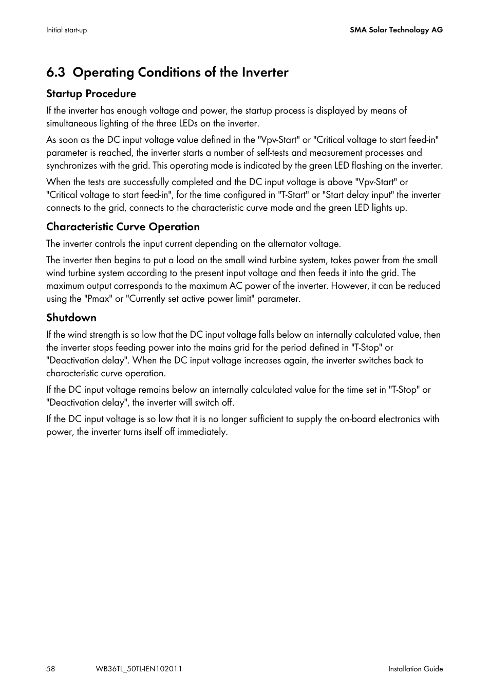 3 operating conditions of the inverter, Operating conditions of the inverter | SMA WB 3600TL User Manual | Page 58 / 96