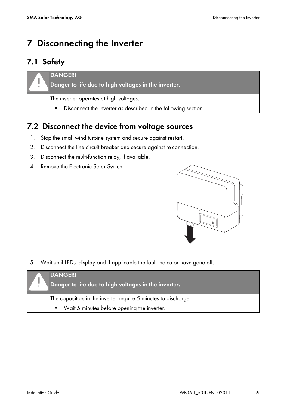 7 disconnecting the inverter, 1 safety, 2 disconnect the device from voltage sources | Disconnecting the inverter, Safety, Disconnect the device from voltage sources | SMA WB 3600TL User Manual | Page 59 / 96