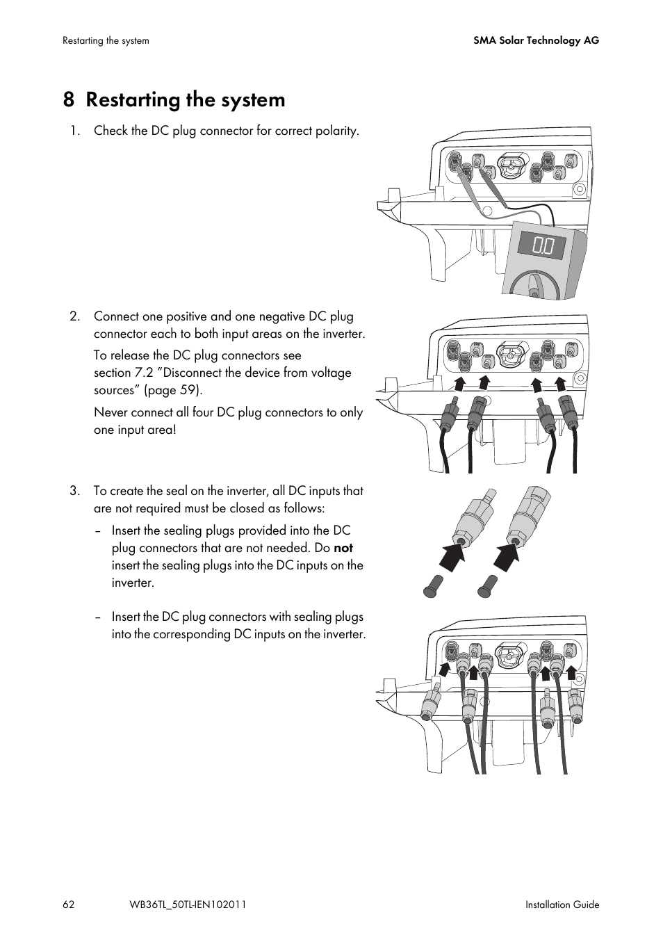 8 restarting the system, Restarting the system | SMA WB 3600TL User Manual | Page 62 / 96