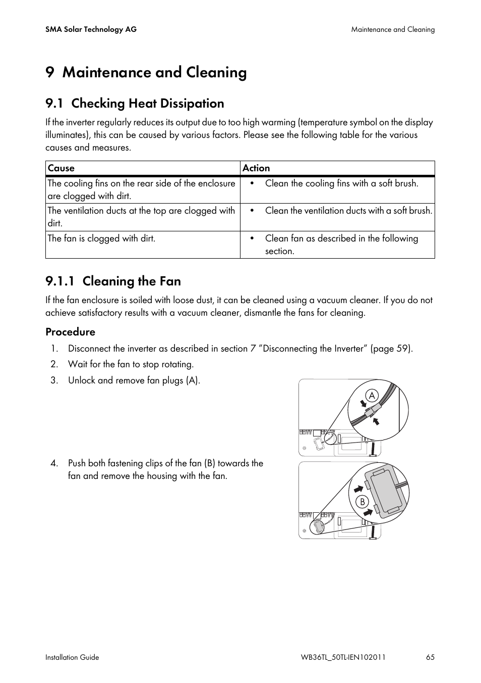 9 maintenance and cleaning, 1 checking heat dissipation, 1 cleaning the fan | Maintenance and cleaning, Checking heat dissipation, Cleaning the fan | SMA WB 3600TL User Manual | Page 65 / 96
