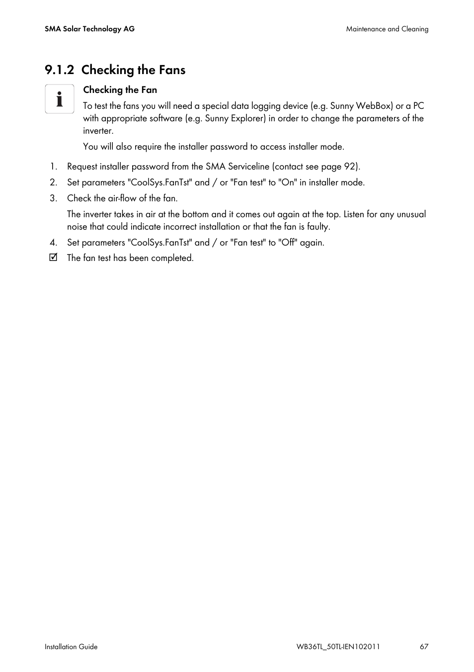 2 checking the fans, Checking the fans | SMA WB 3600TL User Manual | Page 67 / 96