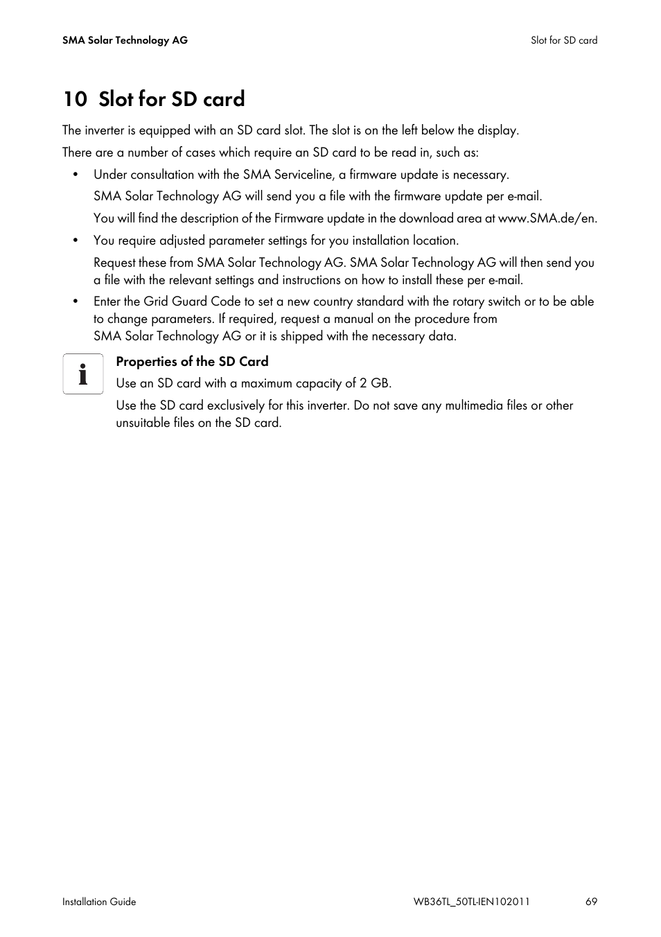 10 slot for sd card, Slot for sd card | SMA WB 3600TL User Manual | Page 69 / 96
