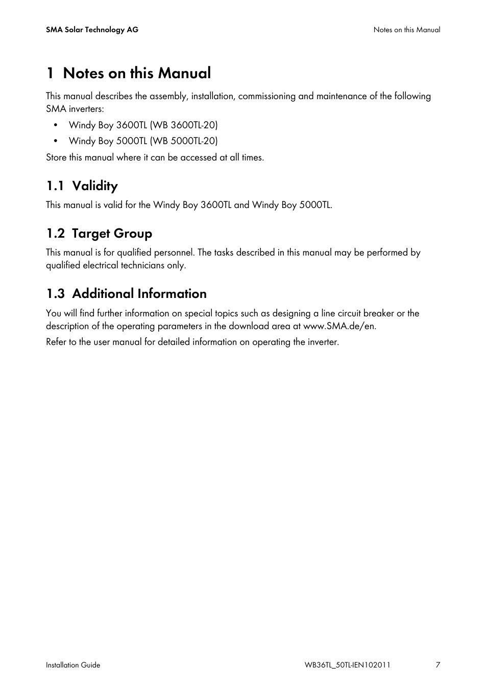 1 notes on this manual, 1 validity, 2 target group | 3 additional information, Notes on this manual, Validity, Target group, Additional information | SMA WB 3600TL User Manual | Page 7 / 96