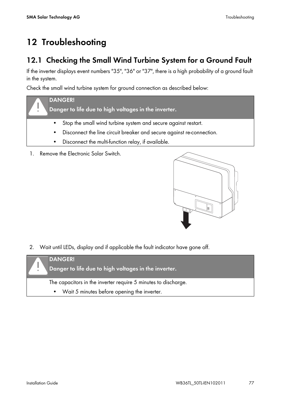 12 troubleshooting, Troubleshooting | SMA WB 3600TL User Manual | Page 77 / 96