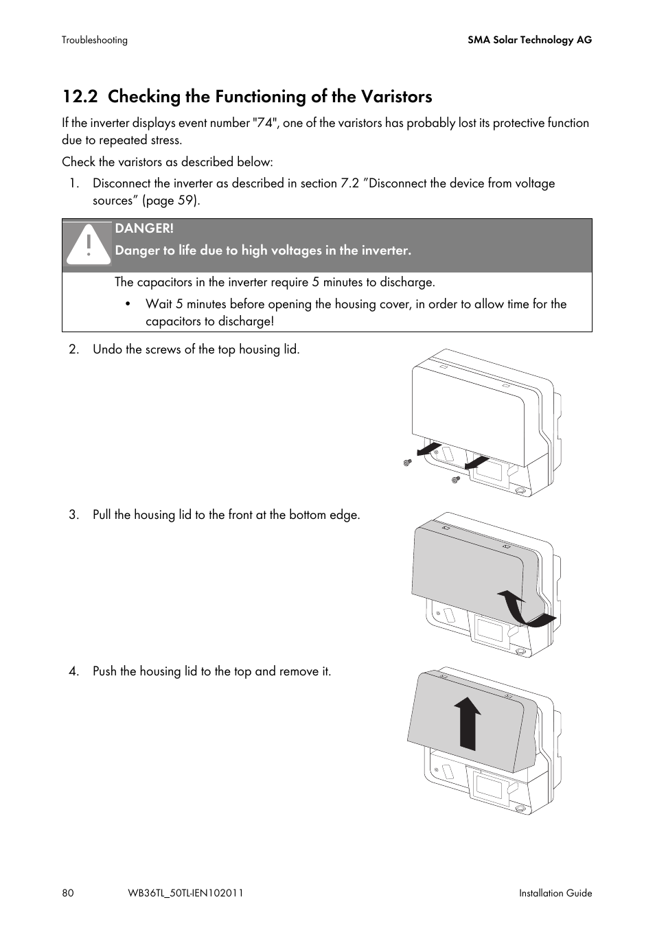 2 checking the functioning of the varistors, Checking the functioning of the varistors | SMA WB 3600TL User Manual | Page 80 / 96