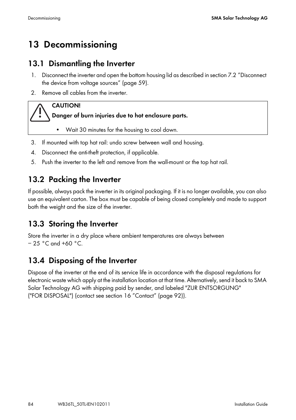 13 decommissioning, 1 dismantling the inverter, 2 packing the inverter | 3 storing the inverter, 4 disposing of the inverter, Decommissioning, Dismantling the inverter, Packing the inverter, Storing the inverter, Disposing of the inverter | SMA WB 3600TL User Manual | Page 84 / 96