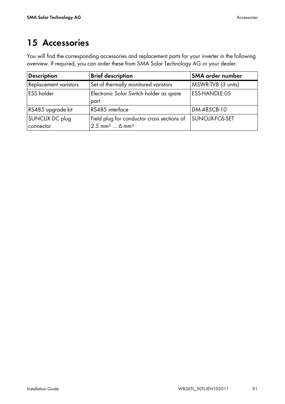 15 accessories, Accessories | SMA WB 3600TL User Manual | Page 91 / 96