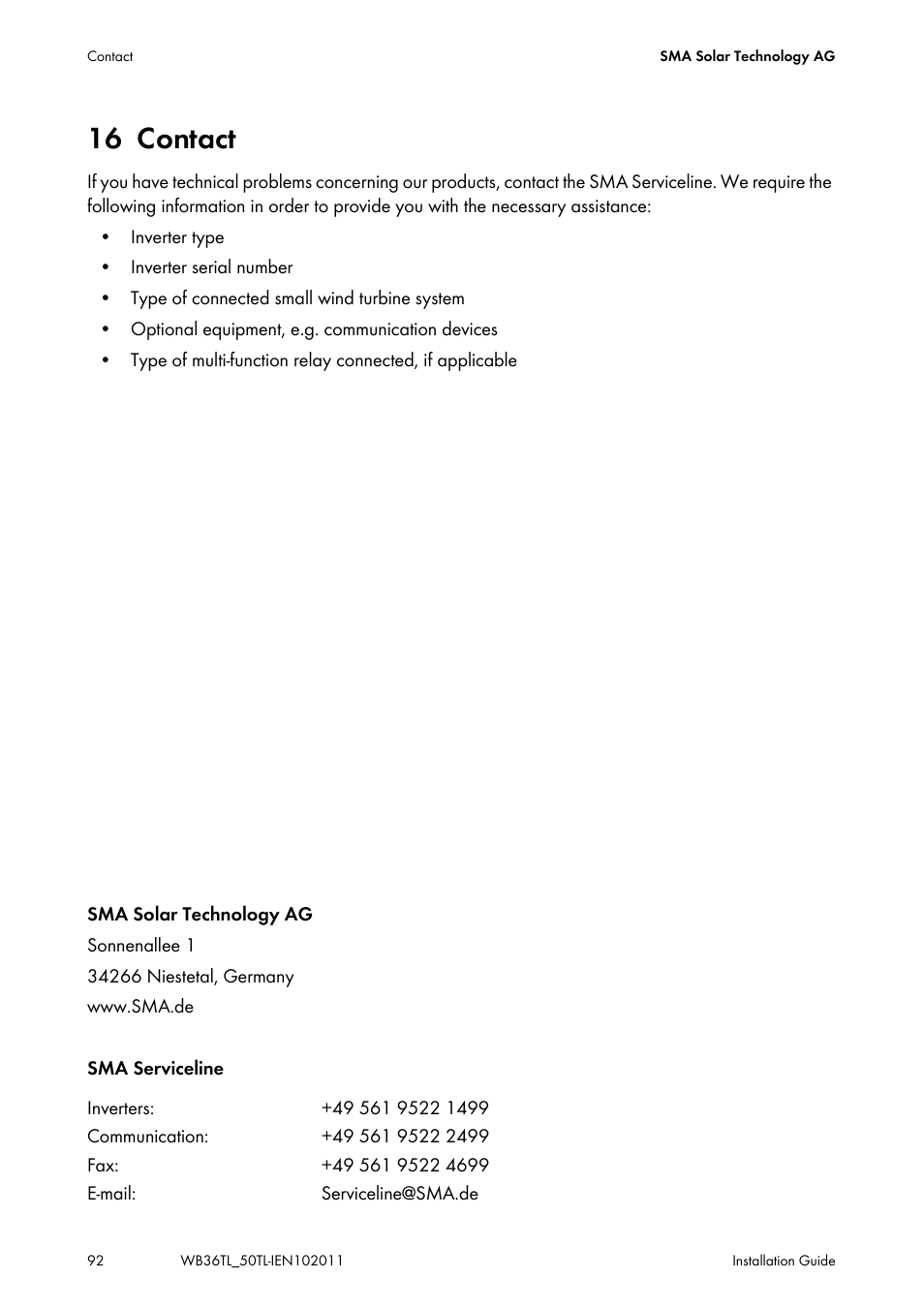 16 contact, Contact | SMA WB 3600TL User Manual | Page 92 / 96