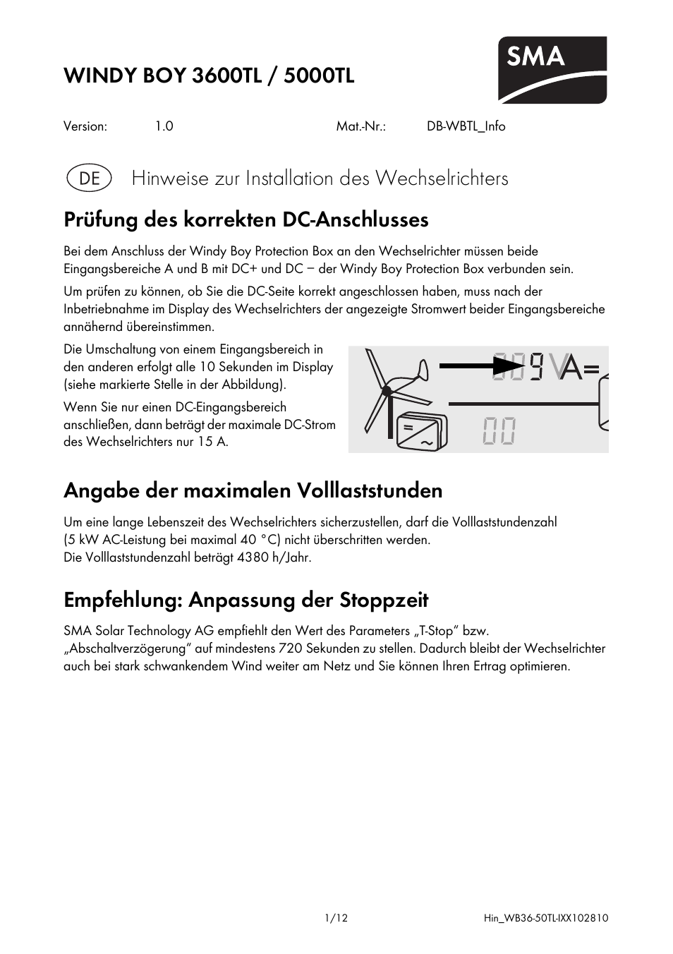SMA WB 3600TL Addendum User Manual | 12 pages