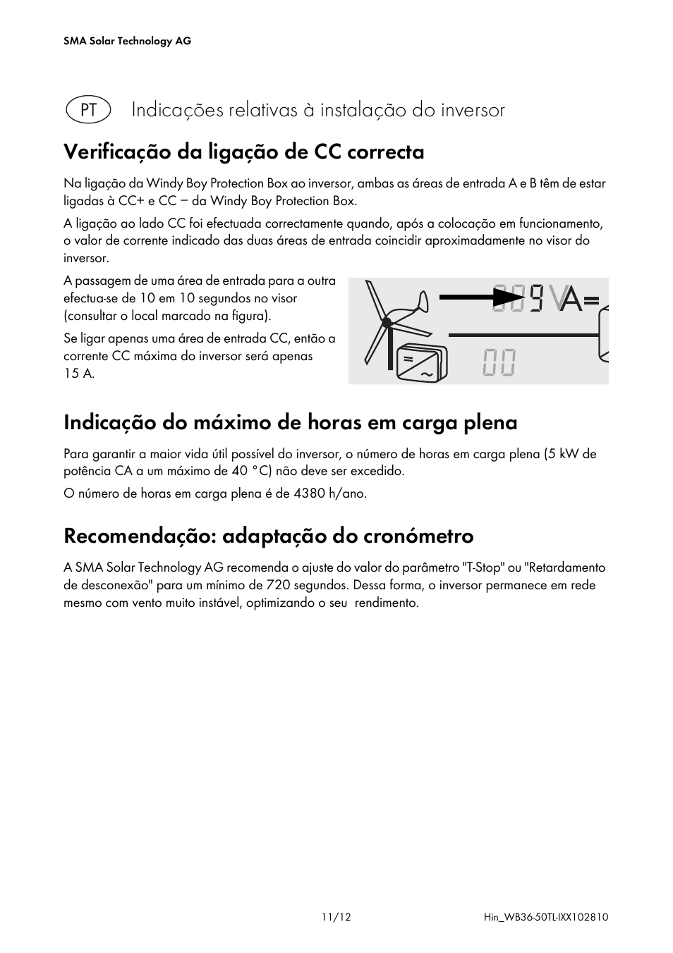 Verificação da ligação de cc correcta, Indicação do máximo de horas em carga plena, Recomendação: adaptação do cronómetro | Indicações relativas à instalação do inversor | SMA WB 3600TL Addendum User Manual | Page 11 / 12