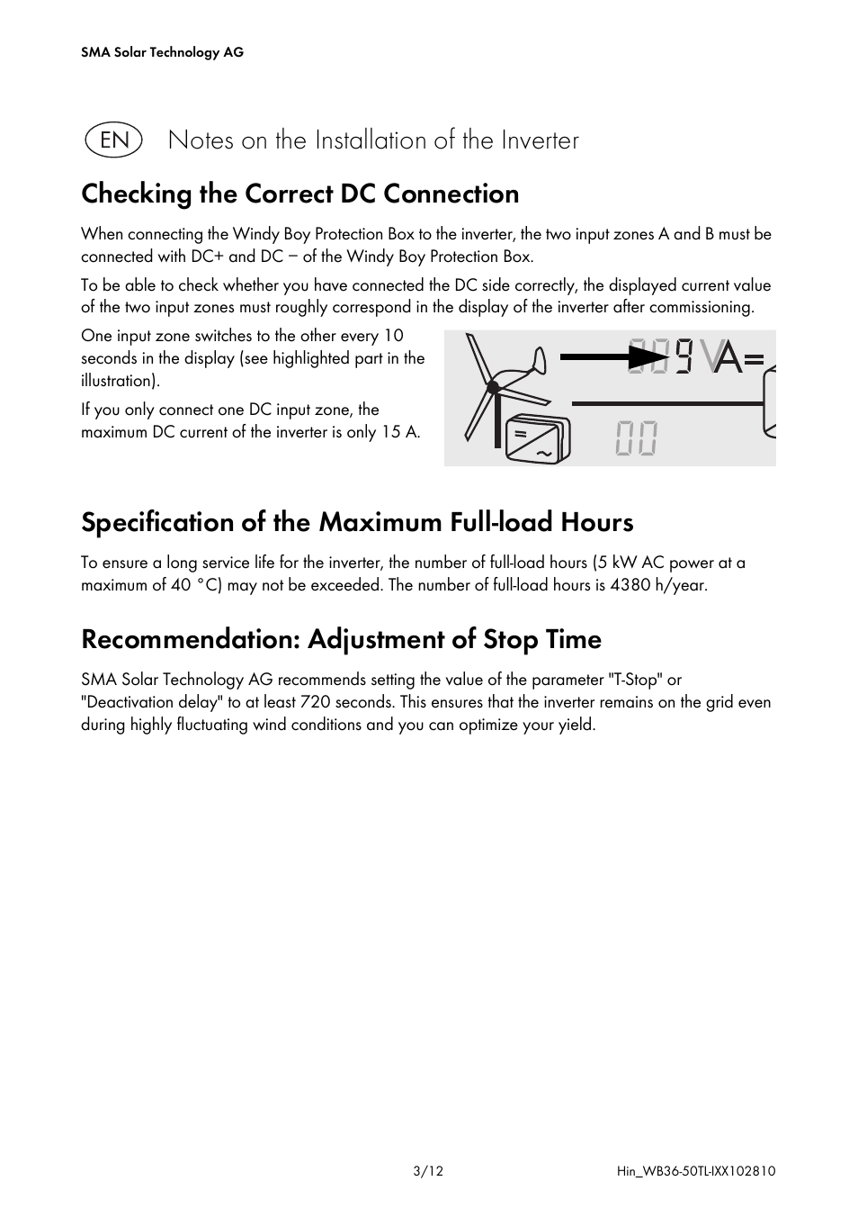 Checking the correct dc connection, Specification of the maximum full-load hours, Recommendation: adjustment of stop time | SMA WB 3600TL Addendum User Manual | Page 3 / 12