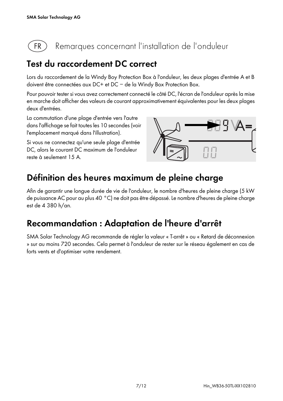 Test du raccordement dc correct, Définition des heures maximum de pleine charge, Recommandation : adaptation de l'heure d'arrêt | Remarques concernant l'installation de l'onduleur | SMA WB 3600TL Addendum User Manual | Page 7 / 12