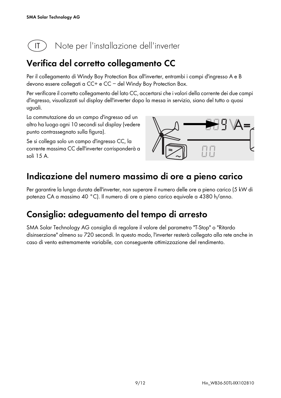 Verifica del corretto collegamento cc, Consiglio: adeguamento del tempo di arresto | SMA WB 3600TL Addendum User Manual | Page 9 / 12