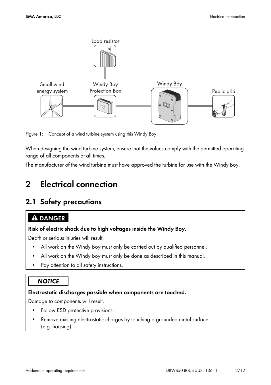 2 electrical connection, 1 safety precautions | SMA WB 5000-US User Manual | Page 2 / 12