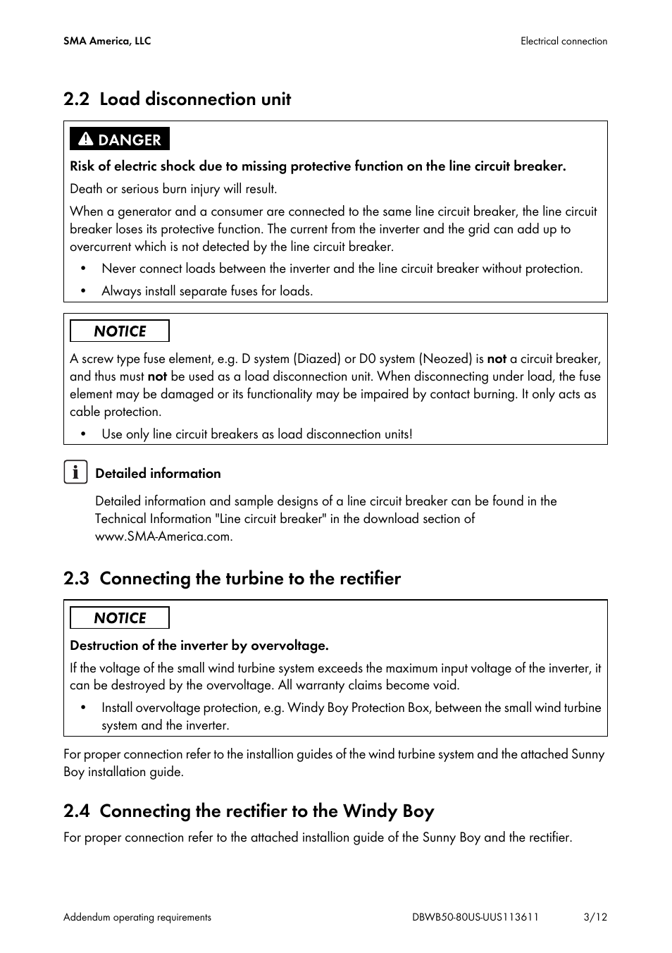 2 load disconnection unit, 3 connecting the turbine to the rectifier, 4 connecting the rectifier to the windy boy | SMA WB 5000-US User Manual | Page 3 / 12