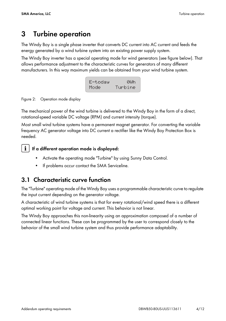 3 turbine operation, 1 characteristic curve function | SMA WB 5000-US User Manual | Page 4 / 12