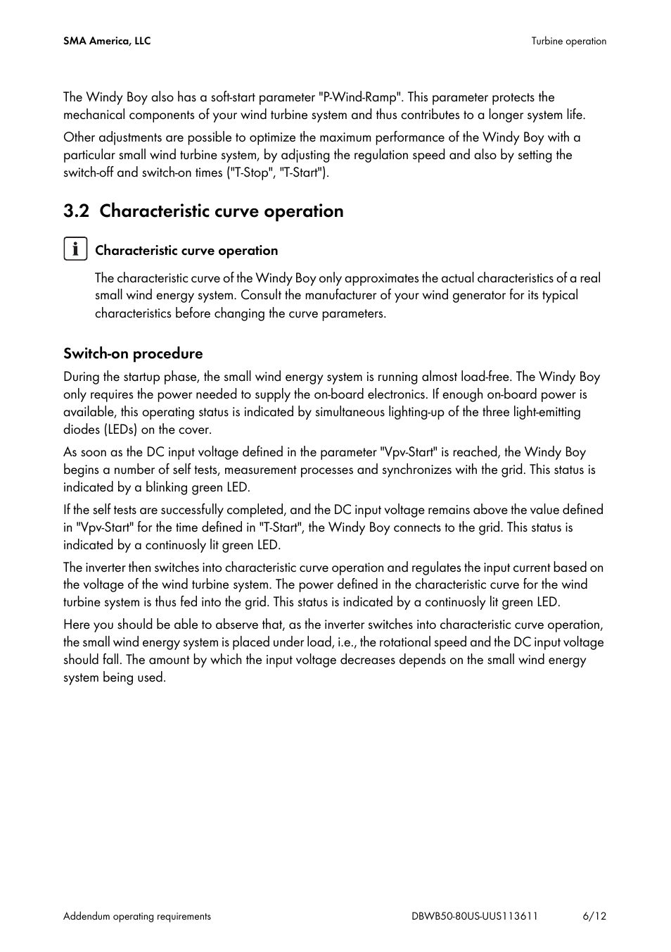 2 characteristic curve operation, Switch-on procedure | SMA WB 5000-US User Manual | Page 6 / 12