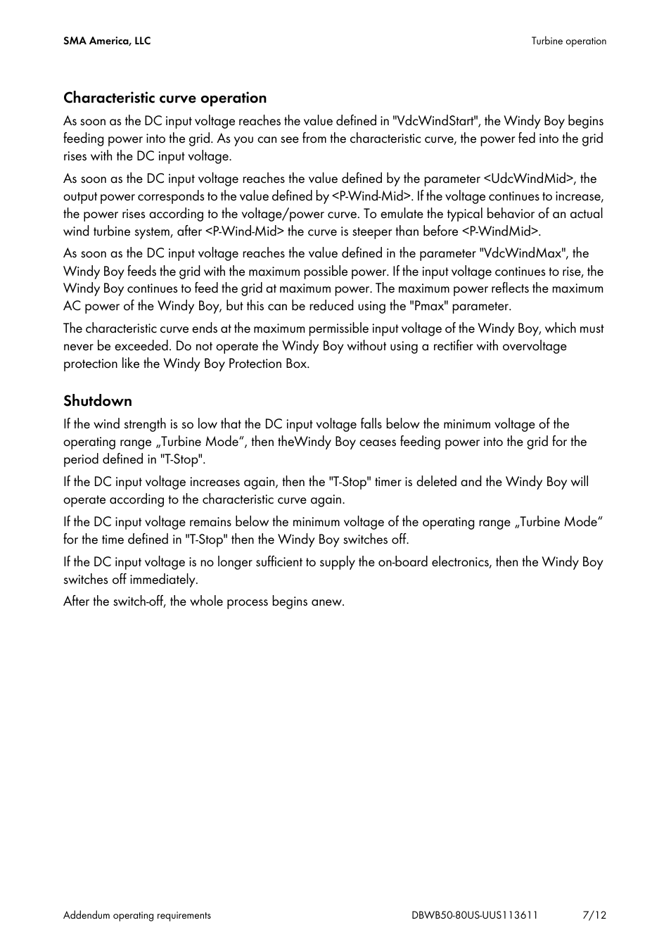 Characteristic curve operation, Shutdown | SMA WB 5000-US User Manual | Page 7 / 12